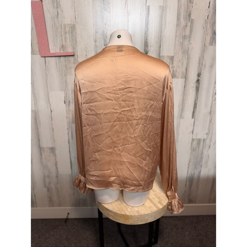 SHEIN Champagne Gold Satin Ruffle Blouse Womens Size Large L Long Balloon Sleeve - Picture 3 of 6